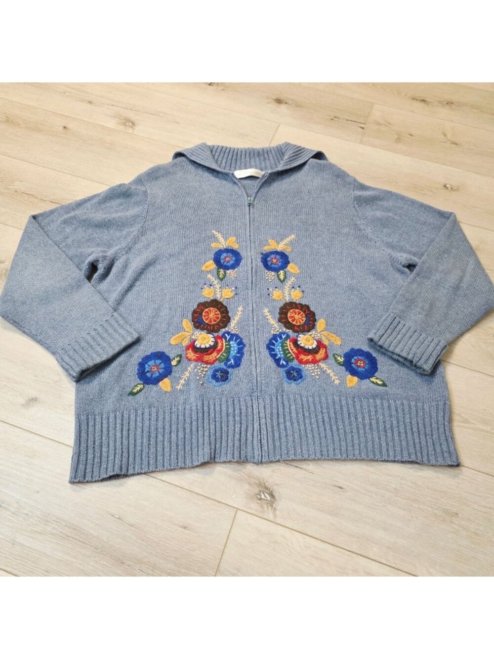 Blue Knit Zip Up Cardigan Multicolor Floral Embroidery Grannycore Cottage Sz 2X